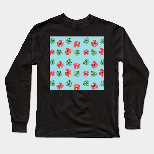 Red Hibiscus and Monstera Pattern with a blue background Long Sleeve T-Shirt by Sandraartist